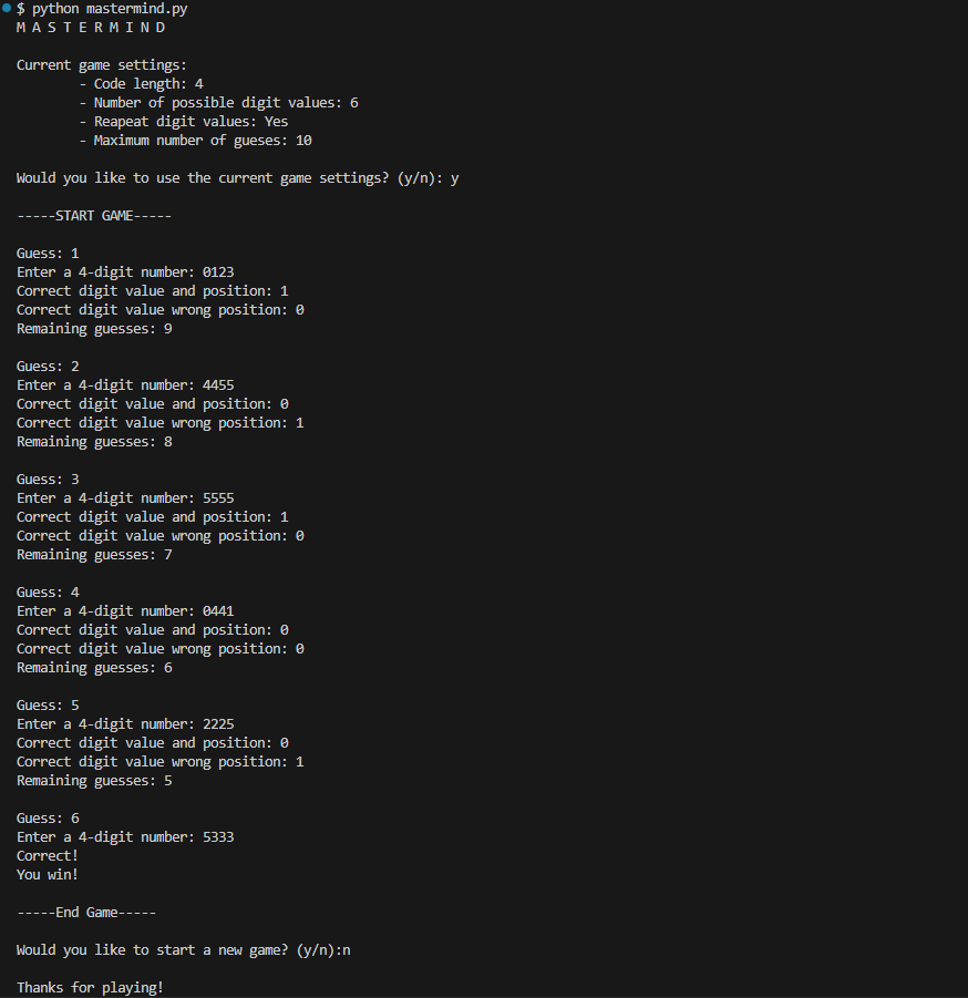 Mastermind playthrough